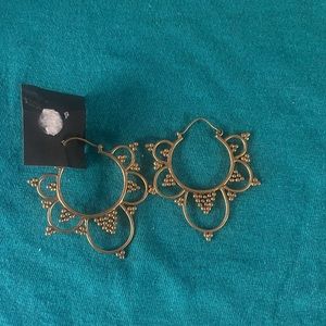 Golden Sol Earrings, Ornate Ethnic Earrings, Tribal Brass Earrings Hoop Earrings